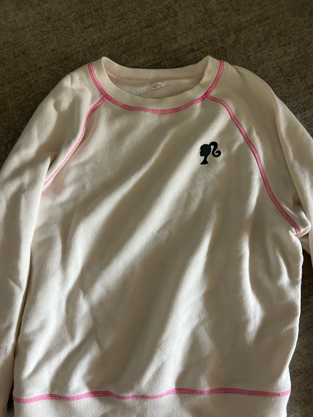 White Sweater with Pink Trim and Black Barbie Silhouette Logo - ACCEPTING OFFERS